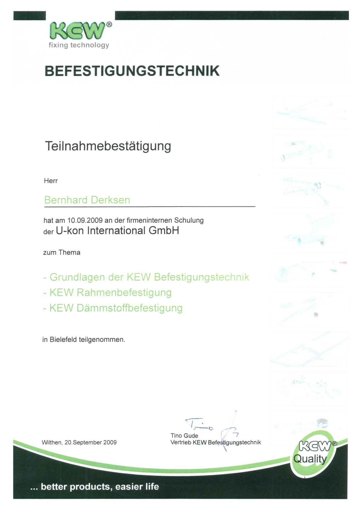 090910 Bestätigung KEW - Grundlagen der Befestigungstechnik