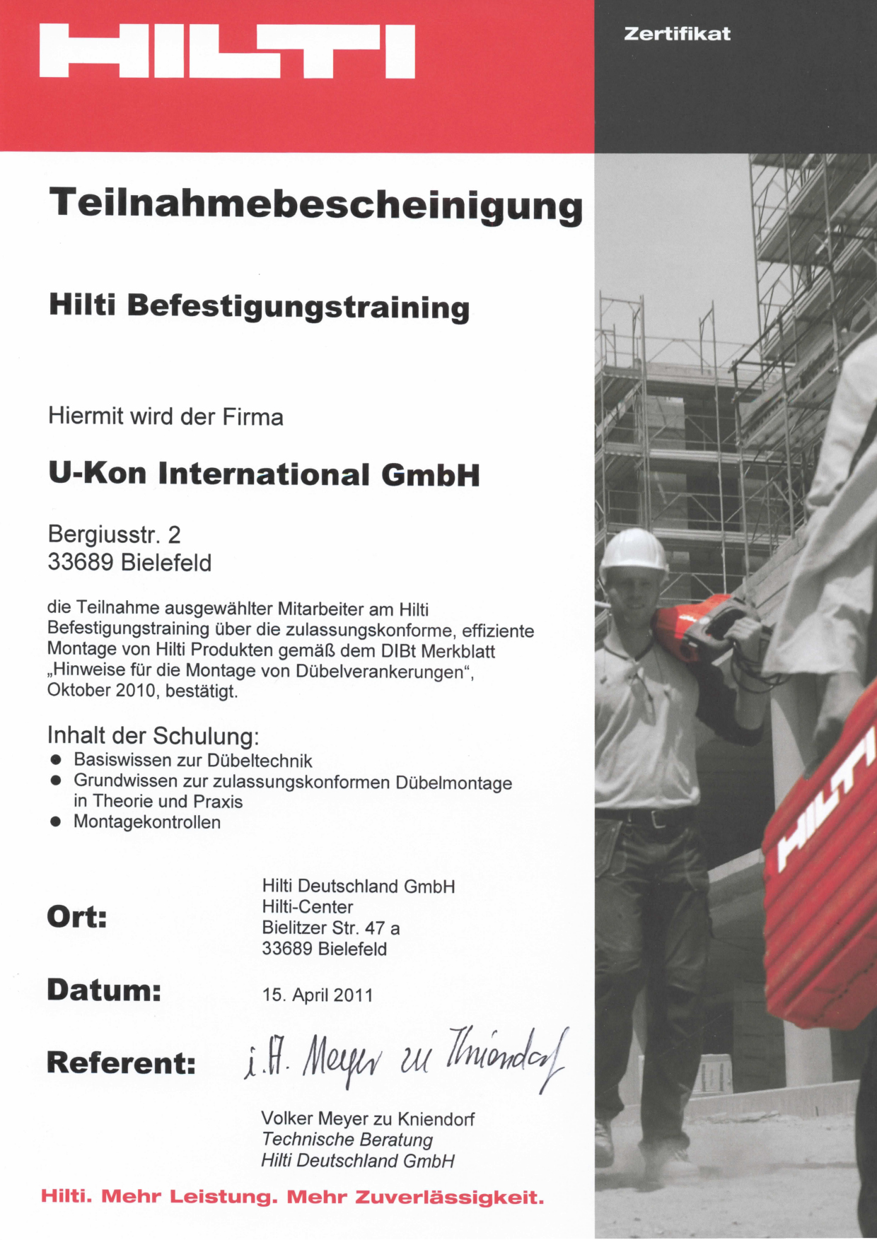 110415 Bescheinigung Hilti - Befestigungstraining U-kon