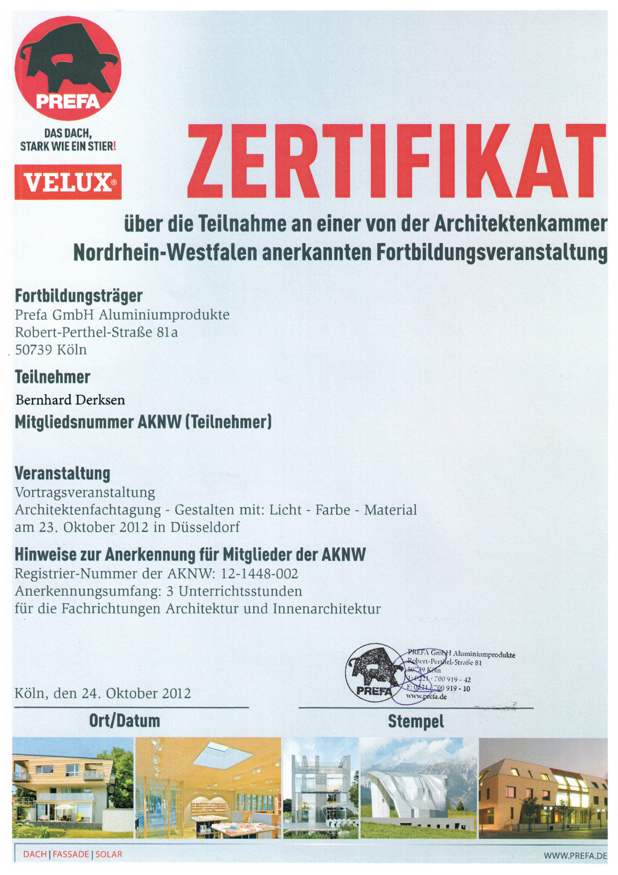 121024 Zertifikat Architektenfachtagung Gestalten mit Licht Farbe Material