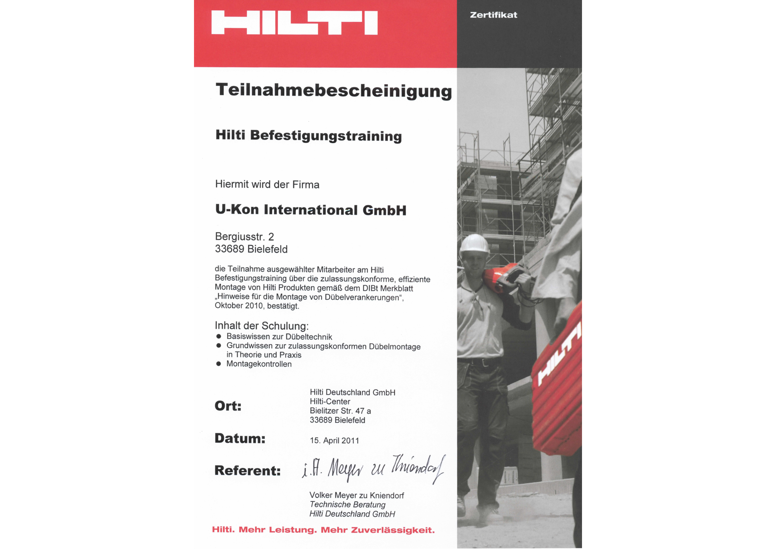110415 Bescheinigung Hilti - Befestigungstraining U-kon