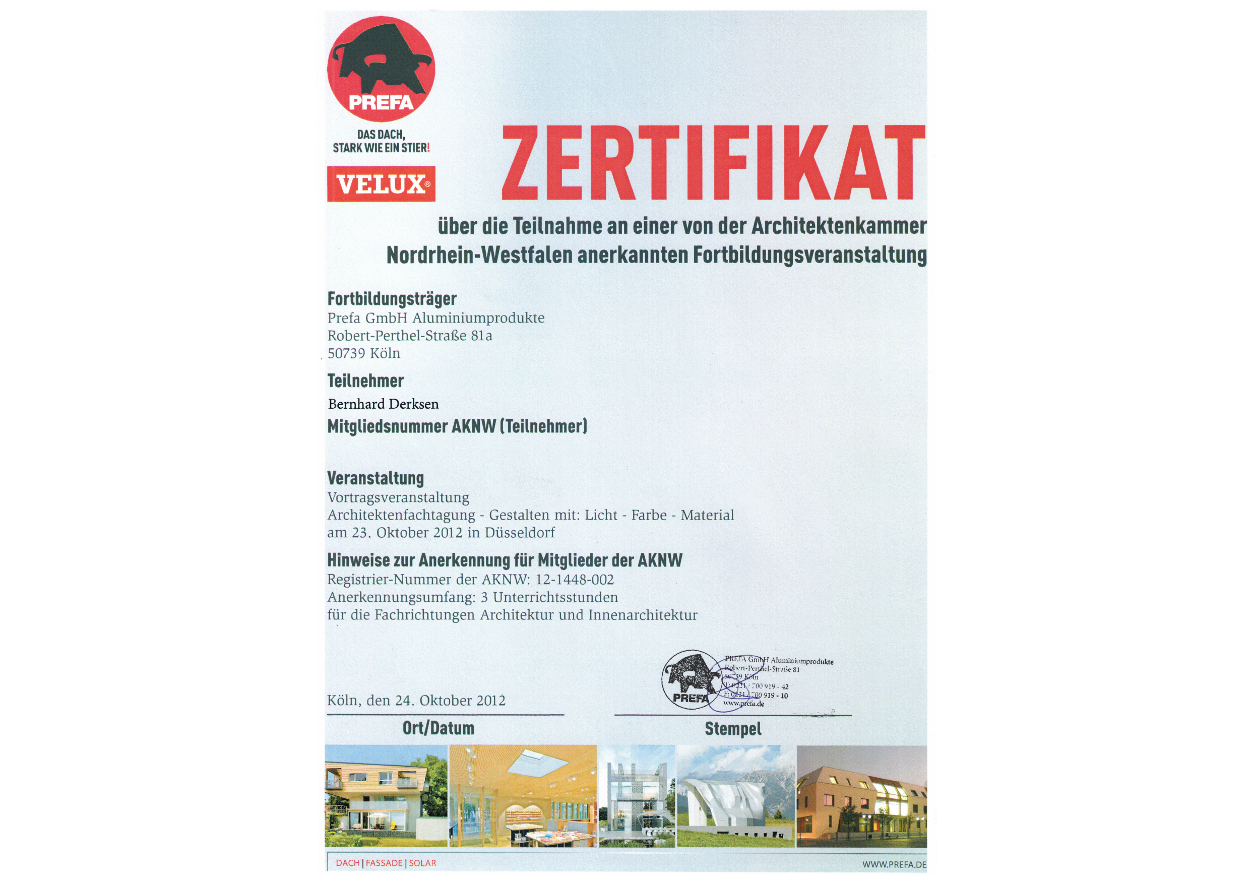 121024 Zertifikat Architektenfachtagung Gestalten mit Licht Farbe Material
